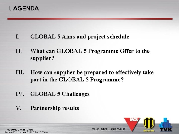 I. AGENDA I. GLOBAL 5 Aims and project schedule II. What can GLOBAL 5