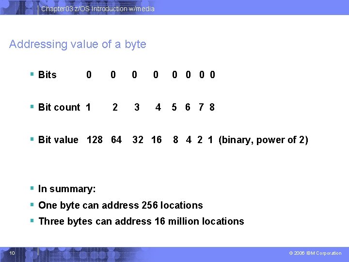 Chapter 03 z/OS Introduction w/media Addressing value of a byte § Bits 0 0 Chapter 03 z/OS Introduction w/media Addressing value of a byte § Bits 0 0