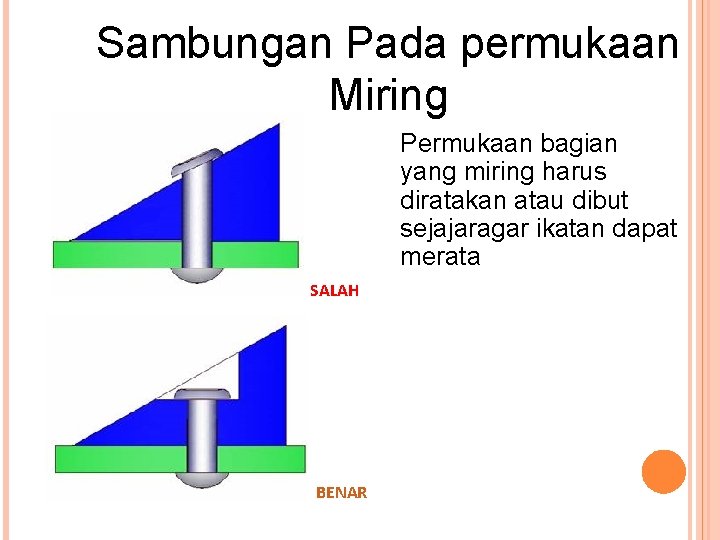 Sambungan Pada permukaan Miring Permukaan bagian yang miring harus diratakan atau dibut sejajaragar ikatan