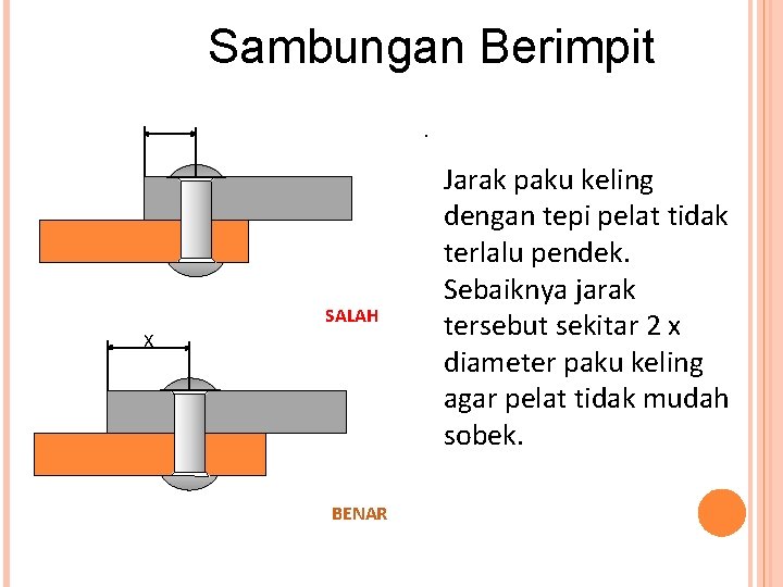 Sambungan Berimpit. SALAH X BENAR Jarak paku keling dengan tepi pelat tidak terlalu pendek.