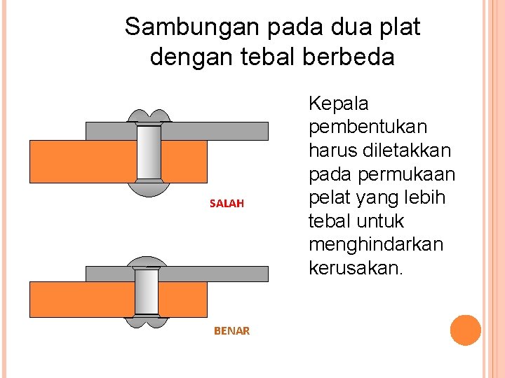 Sambungan pada dua plat dengan tebal berbeda SALAH BENAR Kepala pembentukan harus diletakkan pada