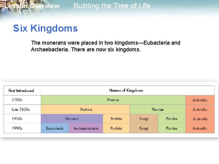 Lesson Overview Building the Tree of Life Six Kingdoms The monerans were placed in