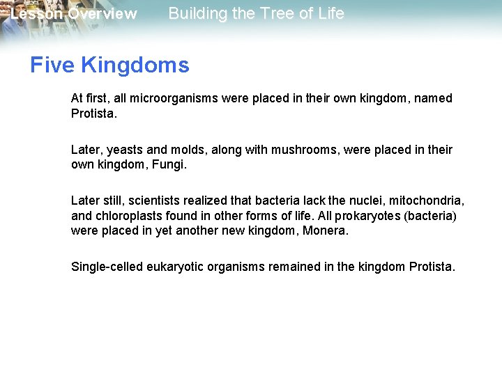 Lesson Overview Building the Tree of Life Five Kingdoms At first, all microorganisms were