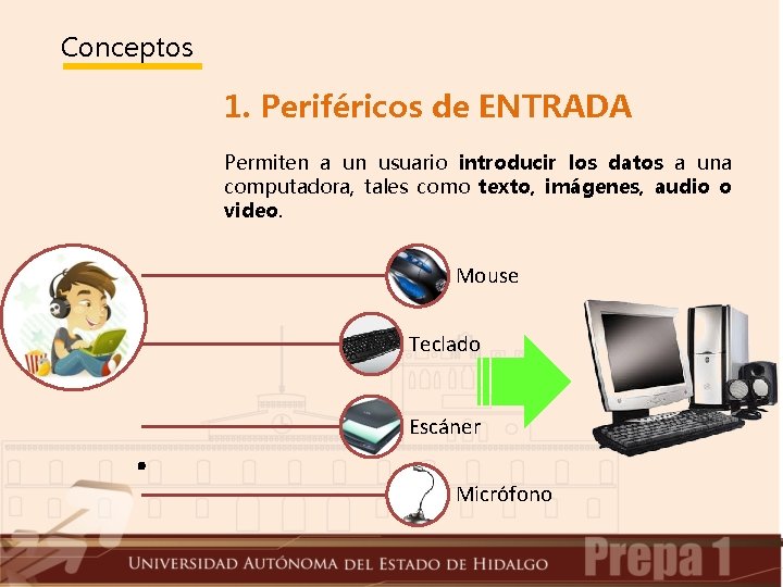 Conceptos 1. Periféricos de ENTRADA Permiten a un usuario introducir los datos a una