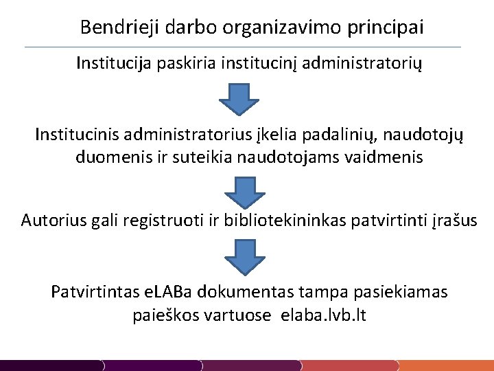  Bendrieji darbo organizavimo principai Institucija paskiria institucinį administratorių Institucinis administratorius įkelia padalinių, naudotojų