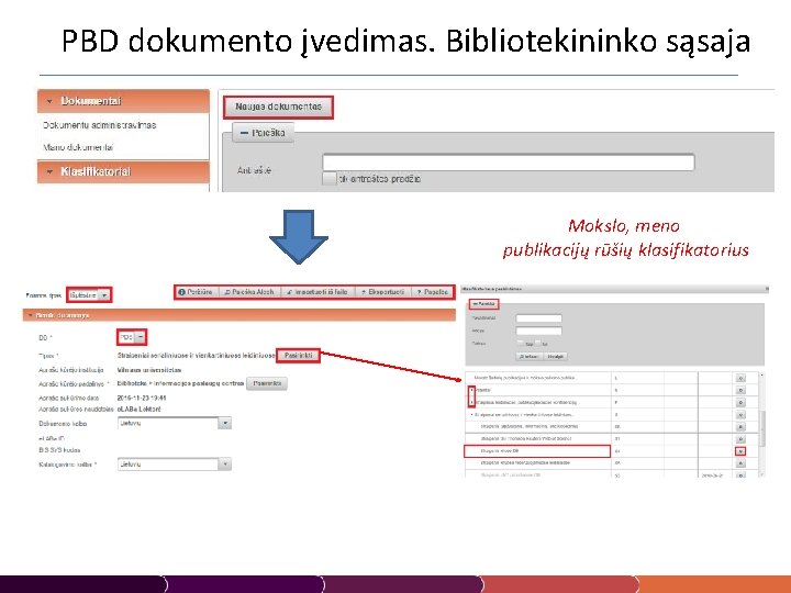 PBD dokumento įvedimas. Bibliotekininko sąsaja Mokslo, meno publikacijų rūšių klasifikatorius 