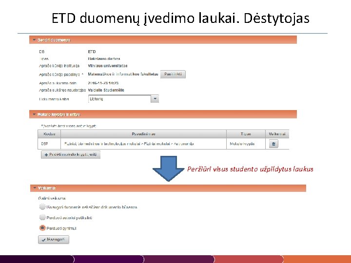 ETD duomenų įvedimo laukai. Dėstytojas Peržiūri visus studento užpildytus laukus 