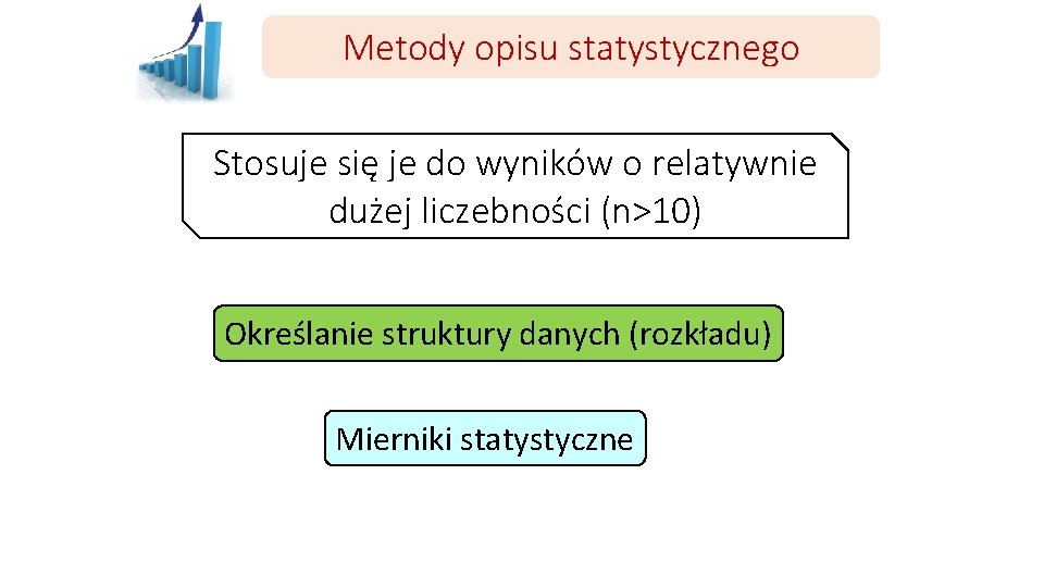 Metody opisu statystycznego Stosuje się je do wyników o relatywnie dużej liczebności (n>10) Określanie