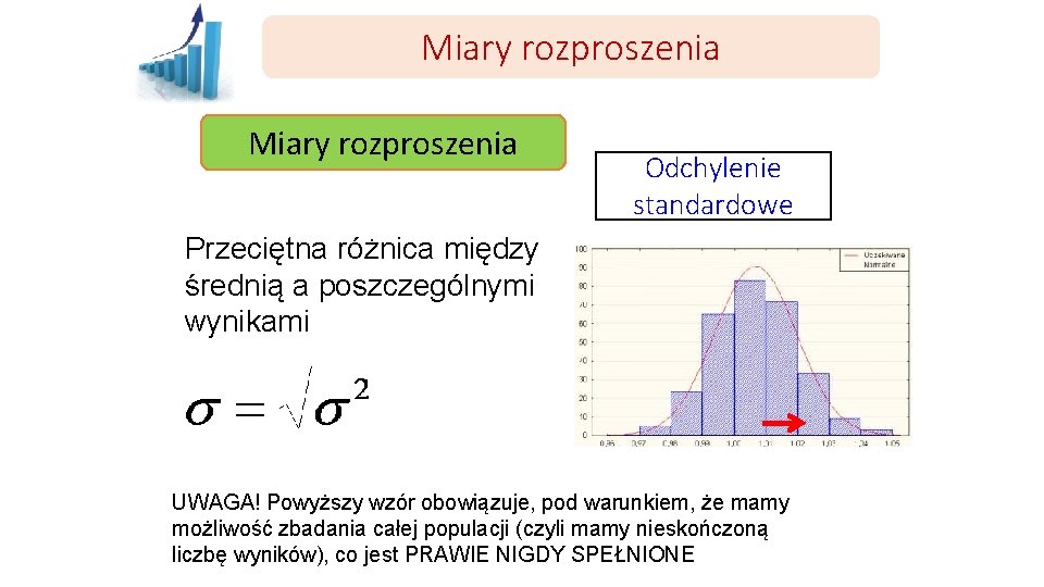 Miary rozproszenia Odchylenie standardowe Przeciętna różnica między średnią a poszczególnymi wynikami UWAGA! Powyższy wzór