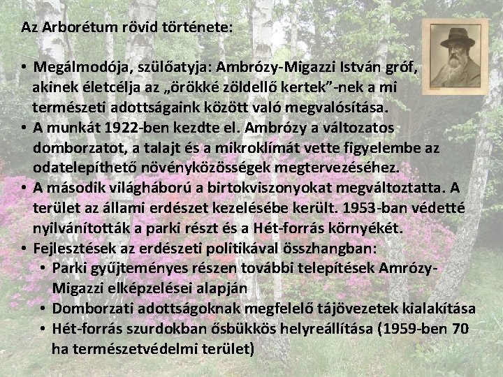 Az Arborétum rövid története: • Megálmodója, szülőatyja: Ambrózy-Migazzi István gróf, akinek életcélja az „örökké