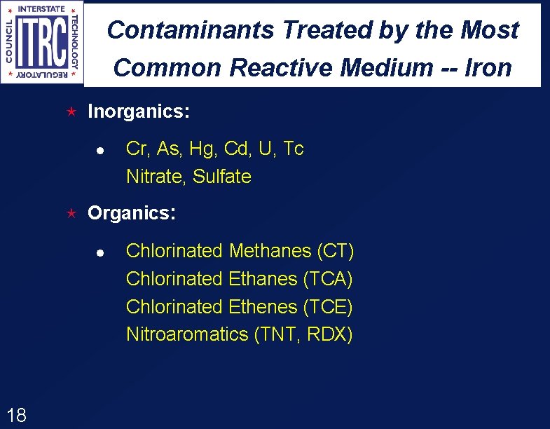 Contaminants Treated by the Most Common Reactive Medium -- Iron é Inorganics: l Cr,