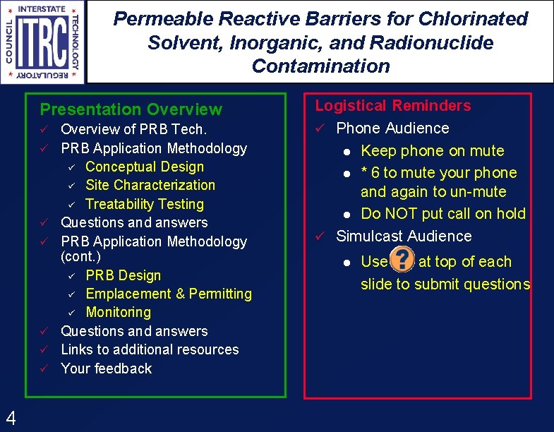 Permeable Reactive Barriers for Chlorinated Solvent, Inorganic, and Radionuclide Contamination Presentation Overview ü Overview