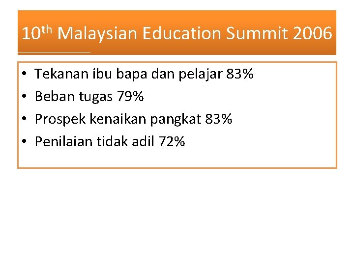 10 th Malaysian Education Summit 2006 • • Tekanan ibu bapa dan pelajar 83%