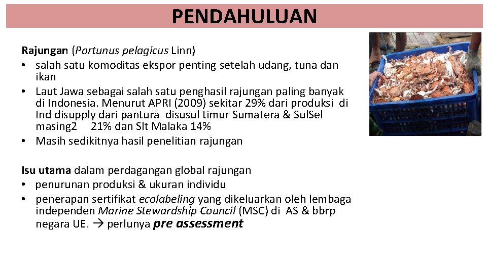 PENDAHULUAN Rajungan (Portunus pelagicus Linn) • salah satu komoditas ekspor penting setelah udang, tuna