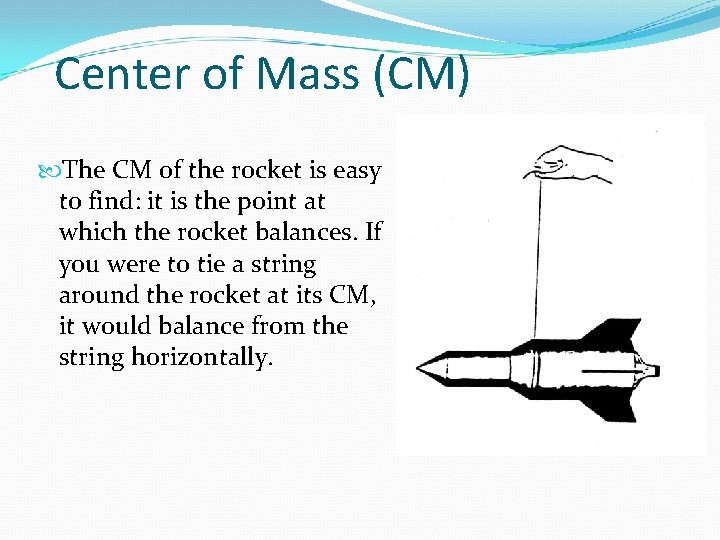 Center of Mass (CM) The CM of the rocket is easy to find: it