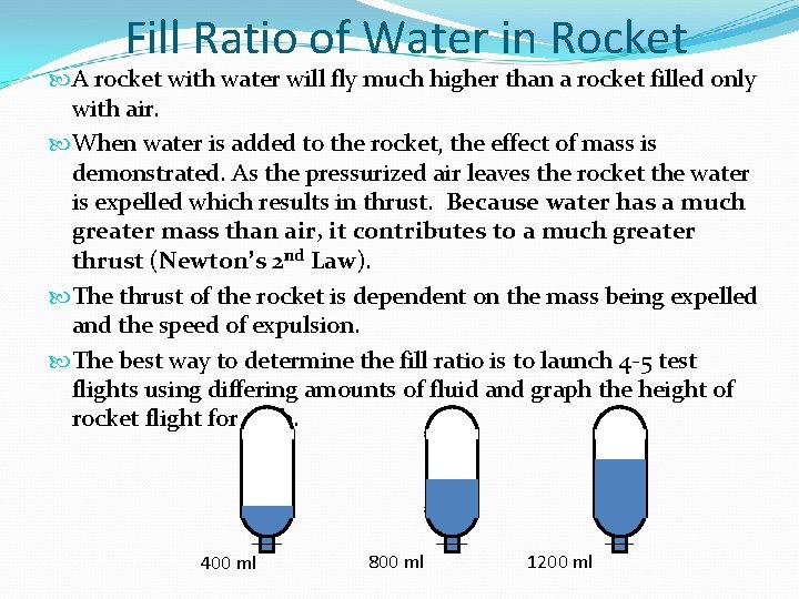 Fill Ratio of Water in Rocket A rocket with water will fly much higher