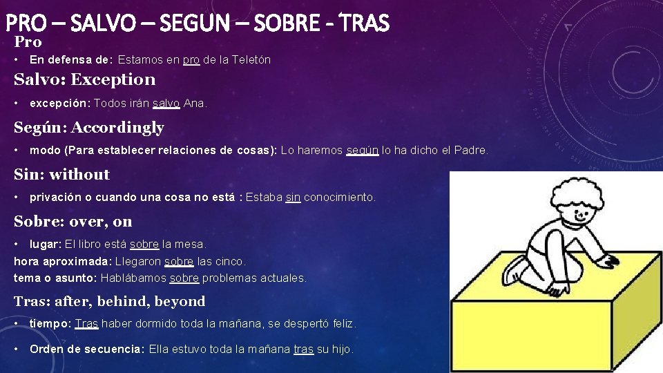 PRO – SALVO – SEGUN – SOBRE - TRAS Pro • En defensa de: