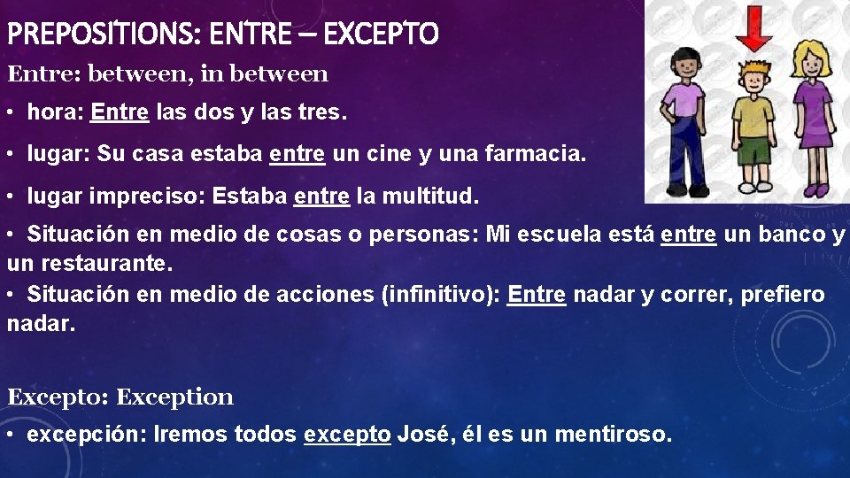 PREPOSITIONS: ENTRE – EXCEPTO Entre: between, in between • hora: Entre las dos y