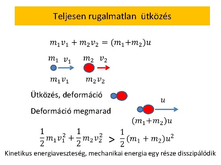 Teljesen rugalmatlan ütközés Ütközés, deformáció Deformáció megmarad > Kinetikus energiaveszteség, mechanikai energia egy része