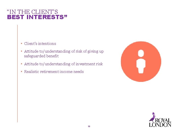 “IN THE CLIENT’S BEST INTERESTS” • Client’s intentions • Attitude to/understanding of risk of