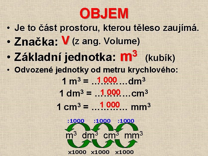 OBJEM • Je to část prostoru, kterou těleso zaujímá. • Značka: V (z ang.