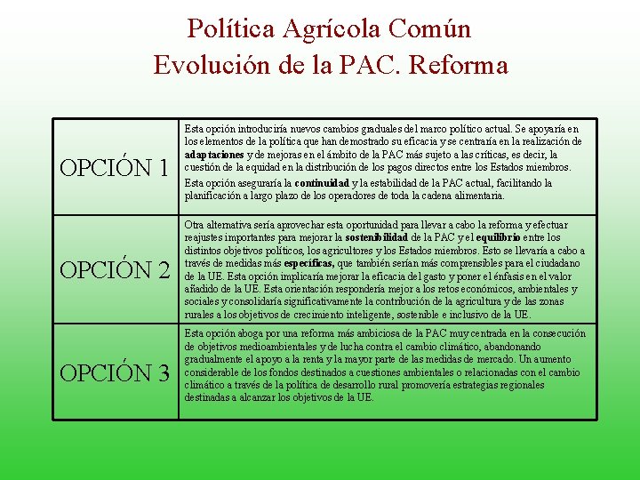 Política Agrícola Común Evolución de la PAC. Reforma OPCIÓN 1 OPCIÓN 2 OPCIÓN 3