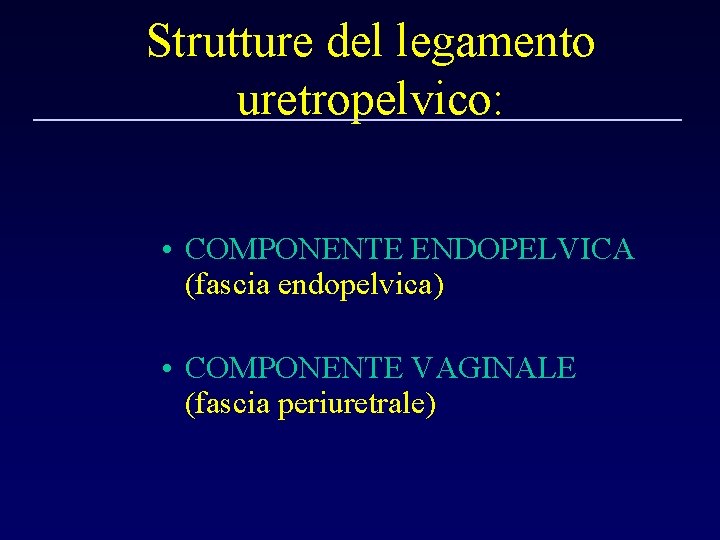 Strutture del legamento uretropelvico: • COMPONENTE ENDOPELVICA (fascia endopelvica) • COMPONENTE VAGINALE (fascia periuretrale)