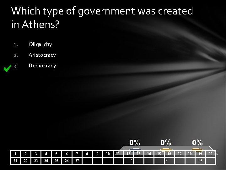 Which type of government was created in Athens? 1. Oligarchy 2. Aristocracy 3. Democracy