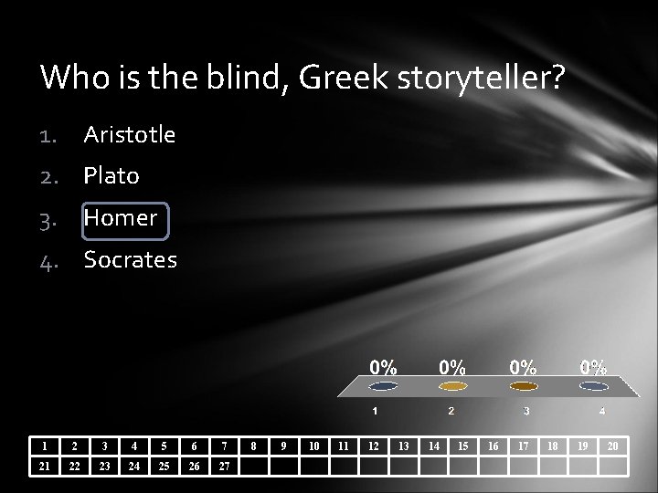 Who is the blind, Greek storyteller? 1. Aristotle 2. Plato 3. Homer 4. Socrates