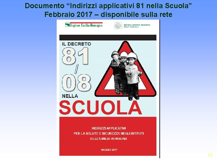 Documento “Indirizzi applicativi 81 nella Scuola” Febbraio 2017 – disponibile sulla rete 13 