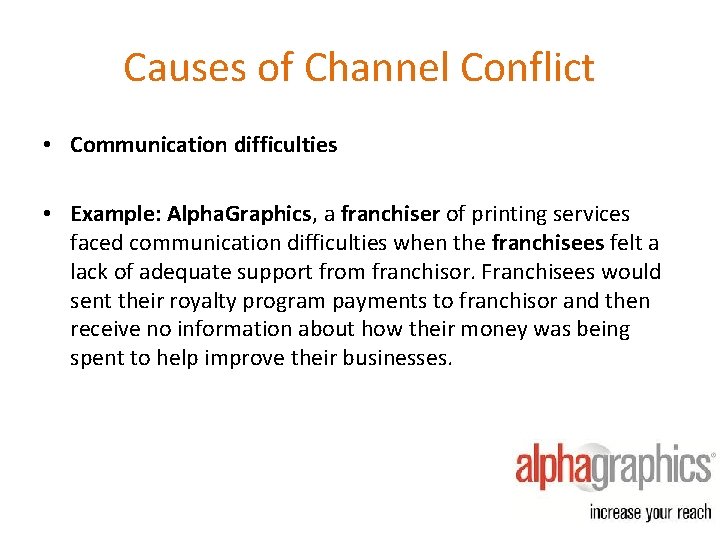 Causes of Channel Conflict • Communication difficulties • Example: Alpha. Graphics, a franchiser of