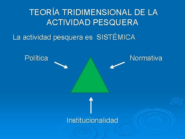  TEORÍA TRIDIMENSIONAL DE LA ACTIVIDAD PESQUERA La actividad pesquera es SISTÉMICA Política Institucionalidad