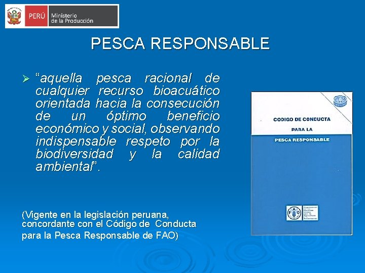 PESCA RESPONSABLE Ø “aquella pesca racional de cualquier recurso bioacuático orientada hacia la consecución