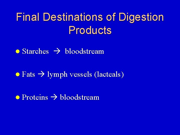 Final Destinations of Digestion Products l Starches l Fats bloodstream lymph vessels (lacteals) l