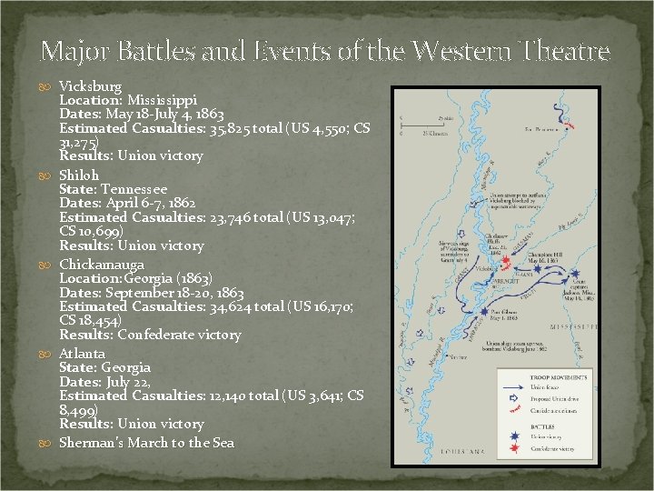 Major Battles and Events of the Western Theatre Vicksburg Location: Mississippi Dates: May 18