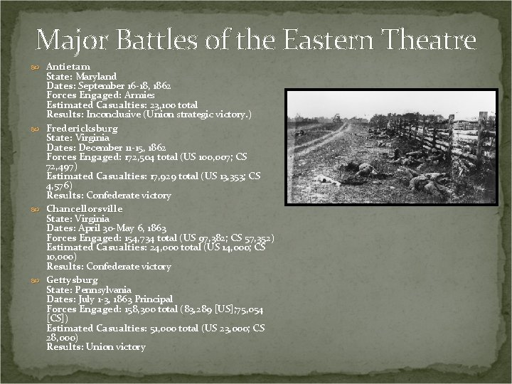 Major Battles of the Eastern Theatre Antietam State: Maryland Dates: September 16 -18, 1862