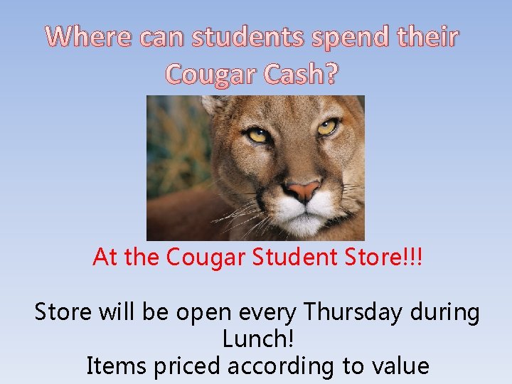 Where can students spend their Cougar Cash? At the Cougar Student Store!!! Store will