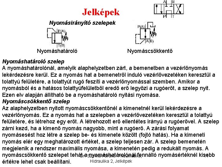 Jelképek Nyomásirányító szelepek Nyomáshatároló Nyomáscsökkentő Nyomáshatároló szelep A nyomáshatárolónál, amelyik alaphelyzetben zárt, a bemenetben