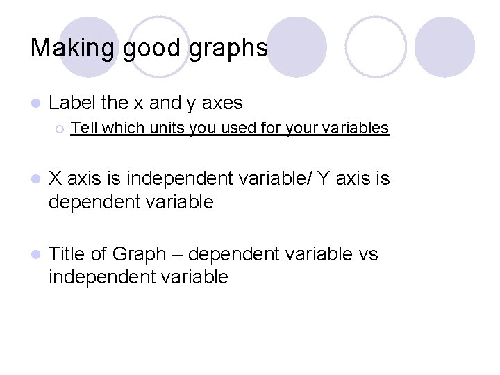 Making good graphs l Label the x and y axes ¡ Tell which units Making good graphs l Label the x and y axes ¡ Tell which units