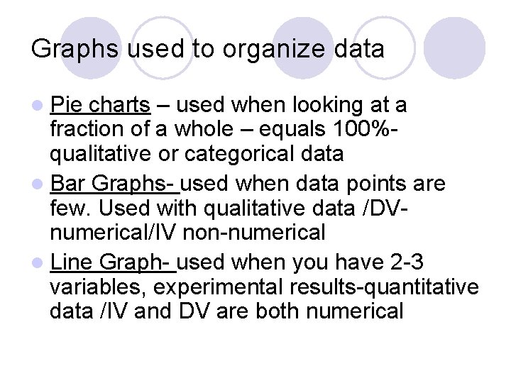 Graphs used to organize data l Pie charts – used when looking at a Graphs used to organize data l Pie charts – used when looking at a
