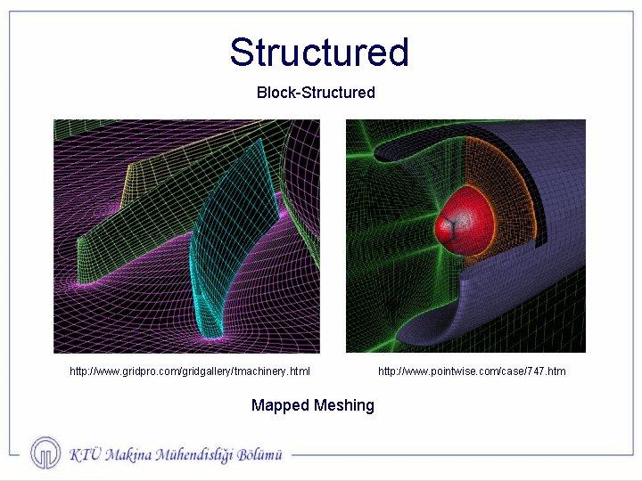 Structured Block-Structured http: //www. gridpro. com/gridgallery/tmachinery. html Mapped Meshing http: //www. pointwise. com/case/747. htm