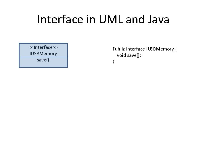 Interface in UML and Java <<Interface>> IUSBMemory save() Public interface IUSBMemory { void save();