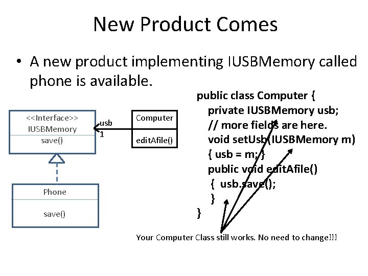 New Product Comes • A new product implementing IUSBMemory called phone is available. <<Interface>>