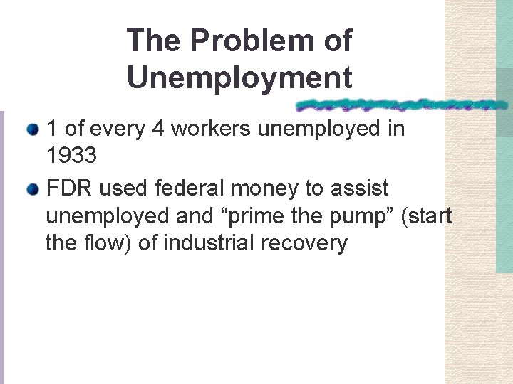 The Problem of Unemployment 1 of every 4 workers unemployed in 1933 FDR used