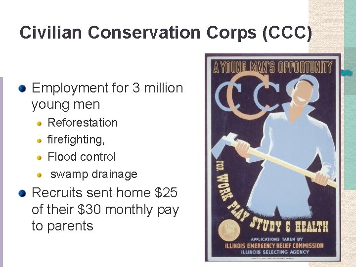 Civilian Conservation Corps (CCC) Employment for 3 million young men Reforestation firefighting, Flood control