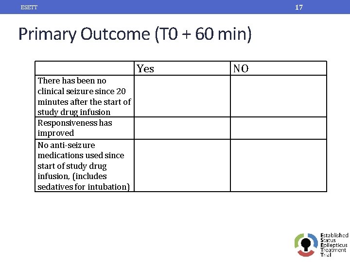 17 ESETT Primary Outcome (T 0 + 60 min) Yes NO There has been