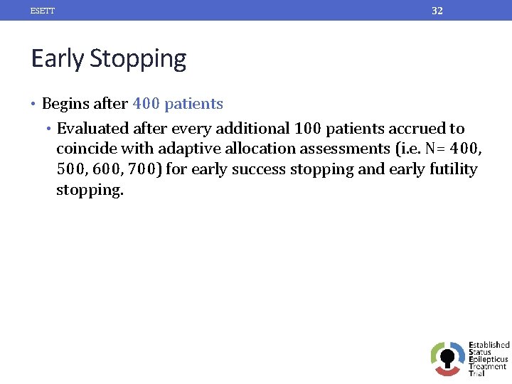 32 ESETT Early Stopping • Begins after 400 patients • Evaluated after every additional