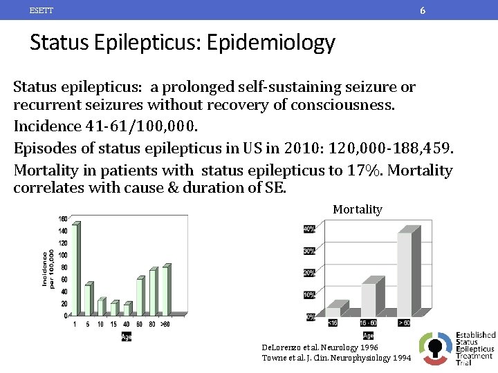 6 ESETT Status Epilepticus: Epidemiology Status epilepticus: a prolonged self-sustaining seizure or recurrent seizures