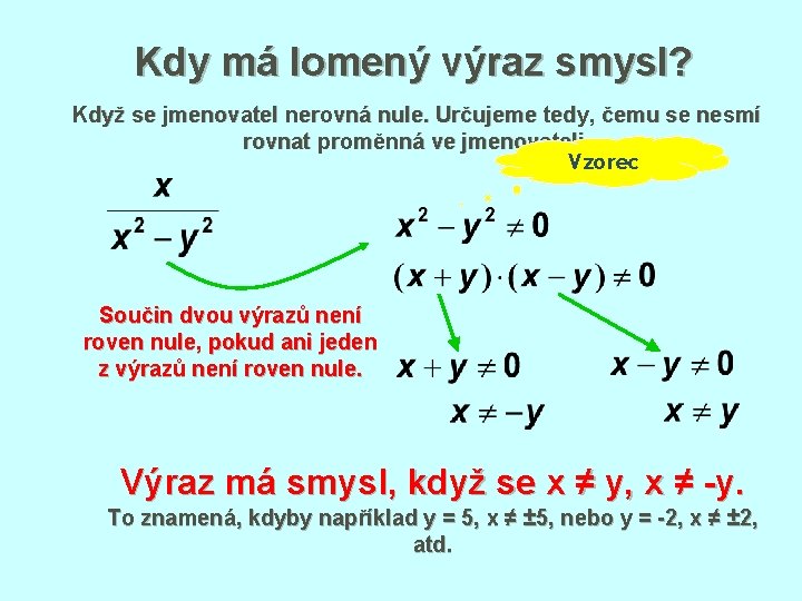 Kdy má lomený výraz smysl? Když se jmenovatel nerovná nule. Určujeme tedy, čemu se