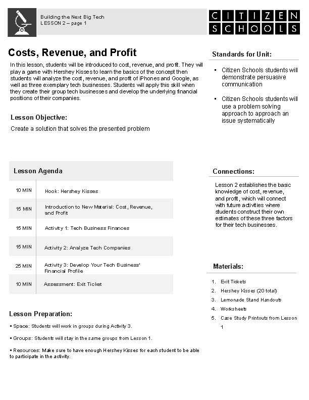 Building the Next Big Tech LESSON 2 – page 1 Costs, Revenue, and Profit